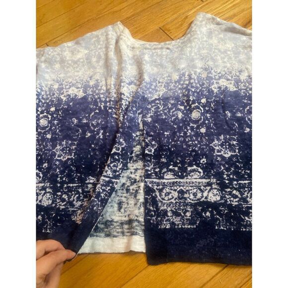 Pure Jill women's linen/cotton Blue & White Pattern open back Short Sleeve Top L - Picture 7 of 8